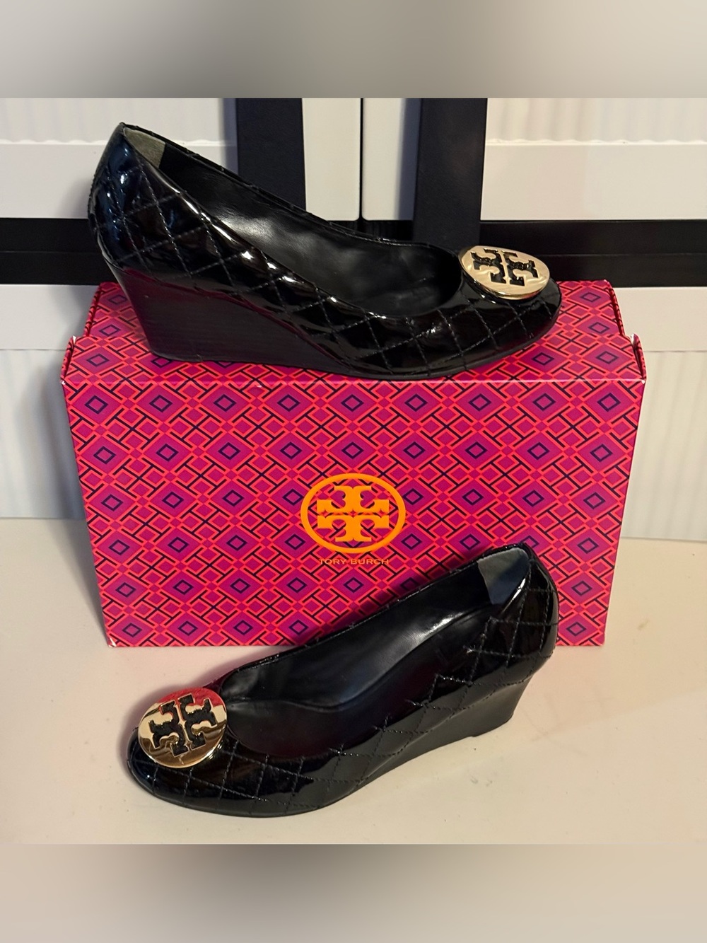 Tory Burch “Quinn” Black Quilted Patent Wedge Pumps with Gold Logo Size 7.5
